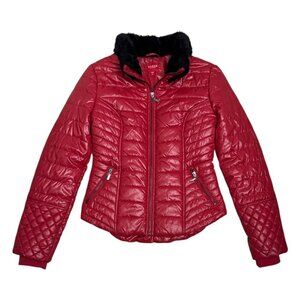 GUESS Puffer Jacket Red Designer Winter Parka Faux Fur Collar Coat Womens Small